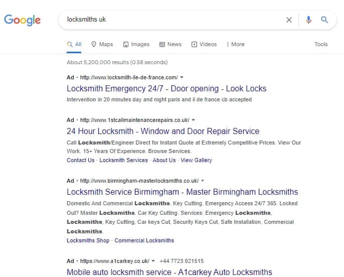 Example of a highly competitive Google Ads keyword