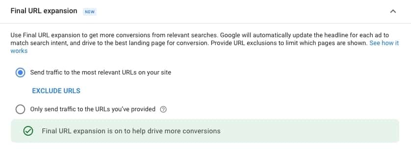 Image showing Final URL expansion options for Performance Max campaigns