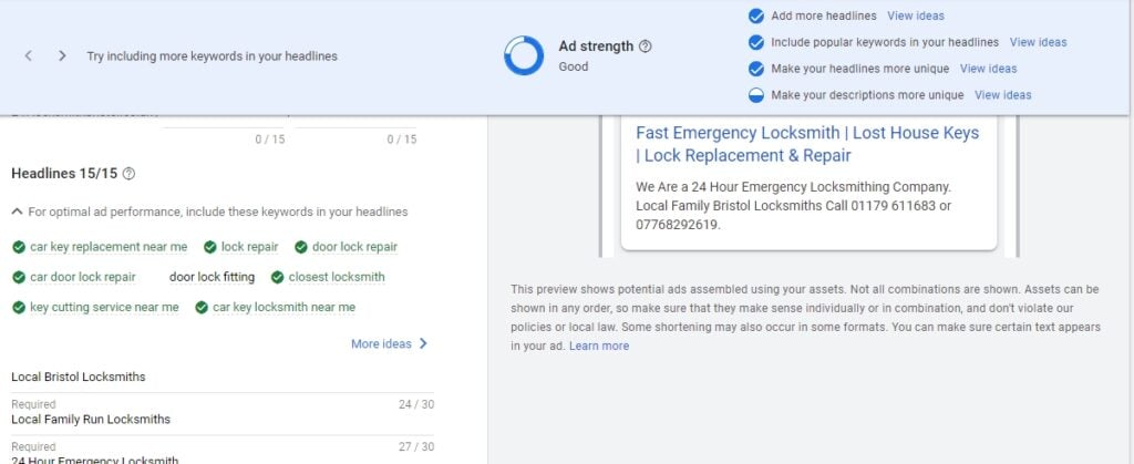Image showing Google Ads manager dashboard and ad setup to increase your ad's Quality Score
