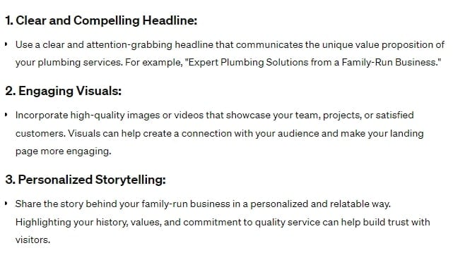 ChatGPT helps with landing page design