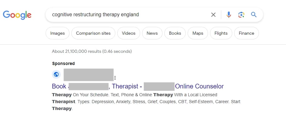 Bad example of Google Ads for therapists