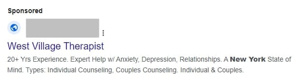Google Ads example for a therapy practice