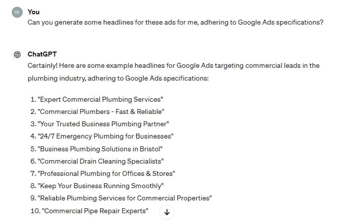 An example of generating Google Ads headlines with ChatGPT
