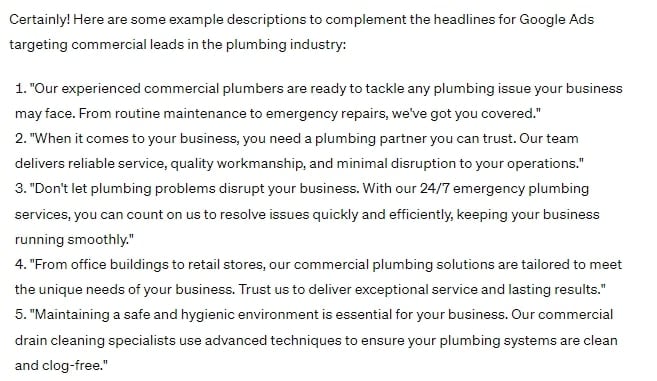 An example of ChatGPT generating Google Ads descriptions