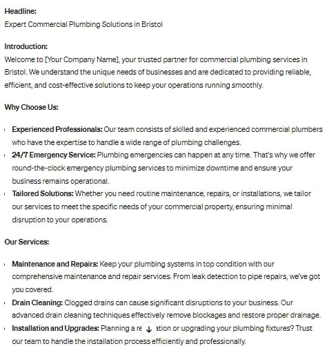 Landing page copy for Google Ads written by ChatGPT example