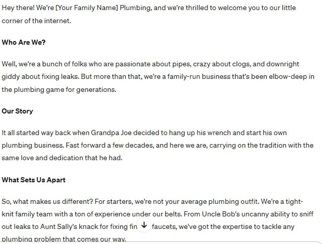 Website page copy written by ChatGPT example