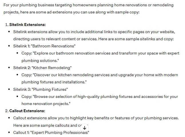 Example of ChatGPT generating ad extensions for Google Ads campaigns