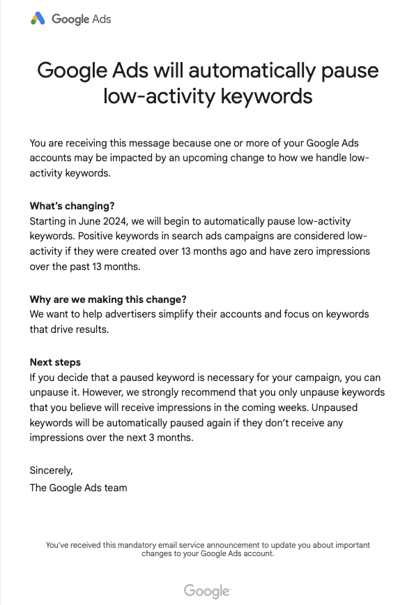 google ads pausing low activity keywords may 2024