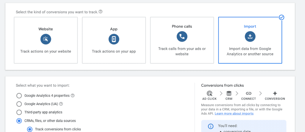 Different sources you can import offline conversions from in Google Ads