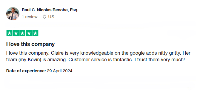 A review of Claire Jarrett's PPC advertising services for a law firm