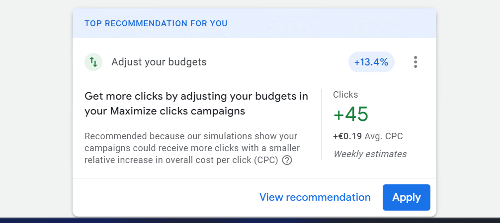 new google ads dashboard recommendations