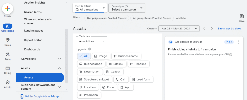 new google ads dashboard ad assets