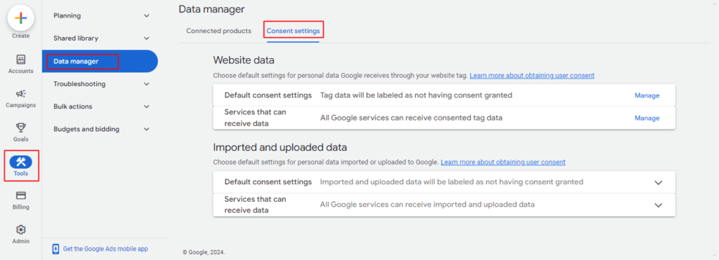 where to find consent settings in google ads