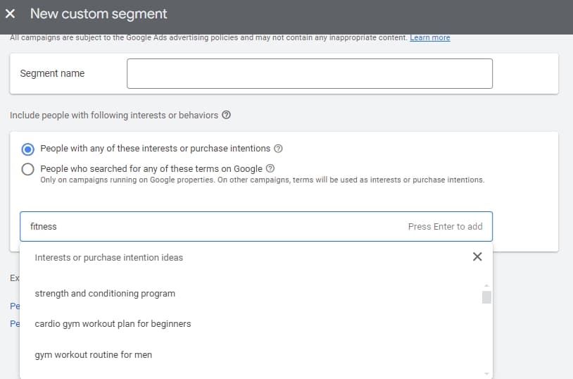 An example of Google Ads custom segments for audience targeting