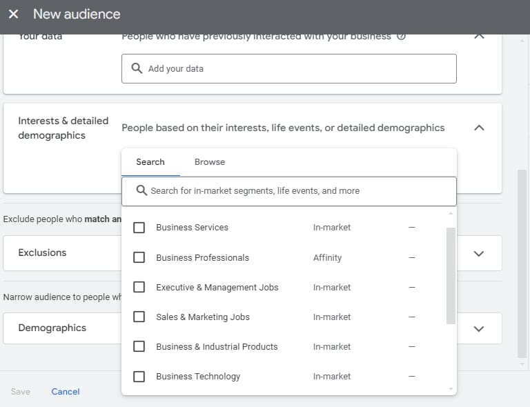 Google Ads affinity audience example