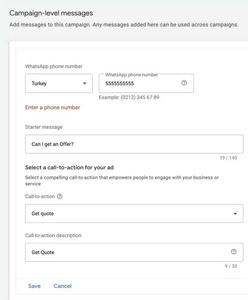 campaign level messages in google ads