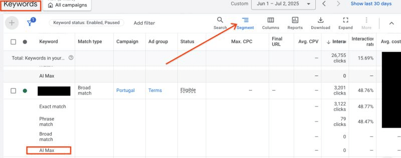 keyword maching in google ads ai max