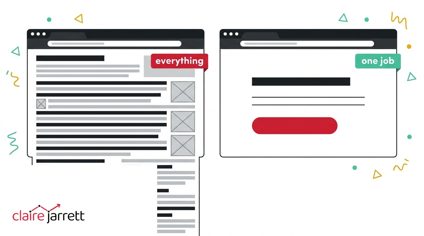 A landing page stuffed with every symptom, cause and treatment, next to a single focused page: more is not the strategy